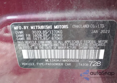 2021 Mitsubishi Mirage Carbonite Edition/Es/Le from USA, damaged, VIN ML32AUHJ1MH005034